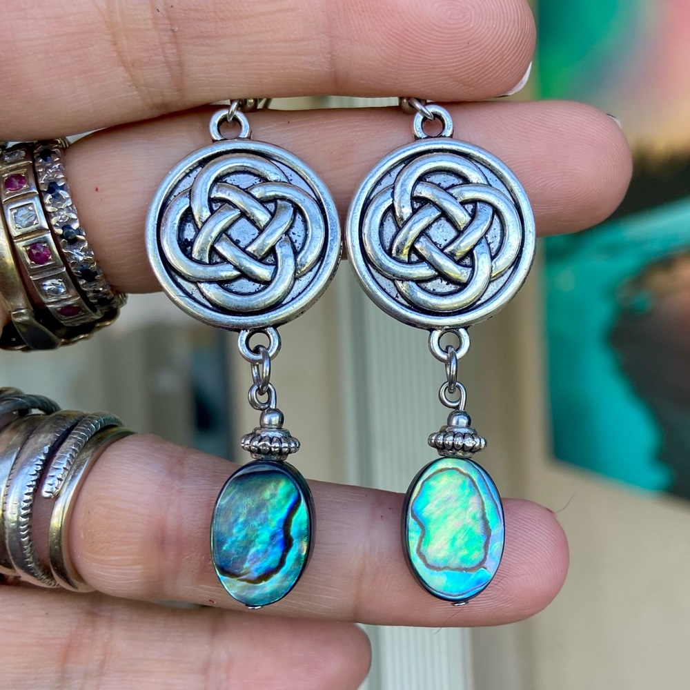 Celtic knot dangly earrings & genuine iridescent blue green abalone shell charms